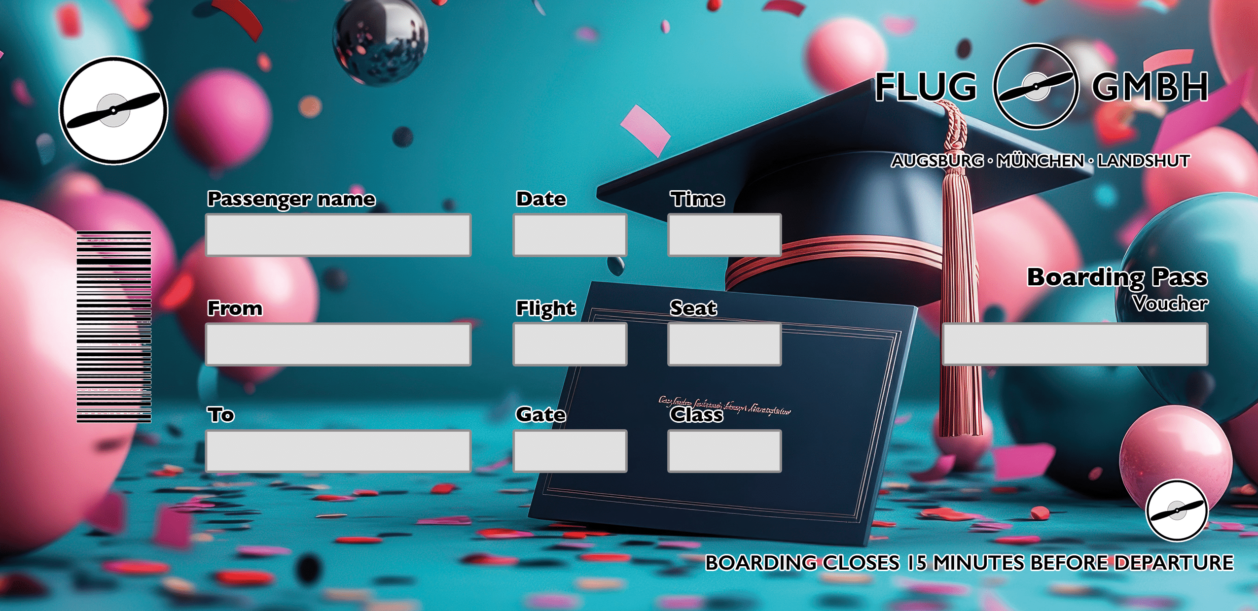 Boarding-Pass-Gutschein zum Abschluss im Party-Look mit Konfetti, Ballons und Abschlusskappe – ideales Geschenk zur Abschlussfeier.