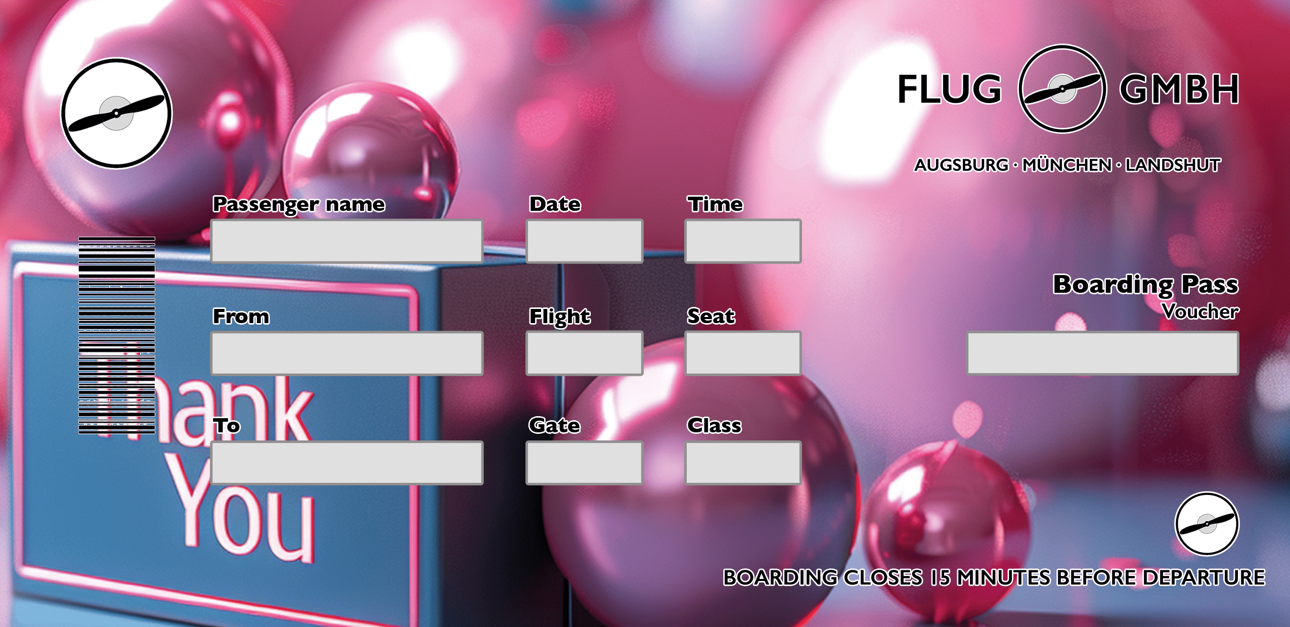 Dankeschön Boarding-Pass Gutschein von Flug GmbH – pinkes 3D-Design mit glänzenden Kugeln und „Thank You“-Schriftzug, Erlebnisgutschein für Rundflug.