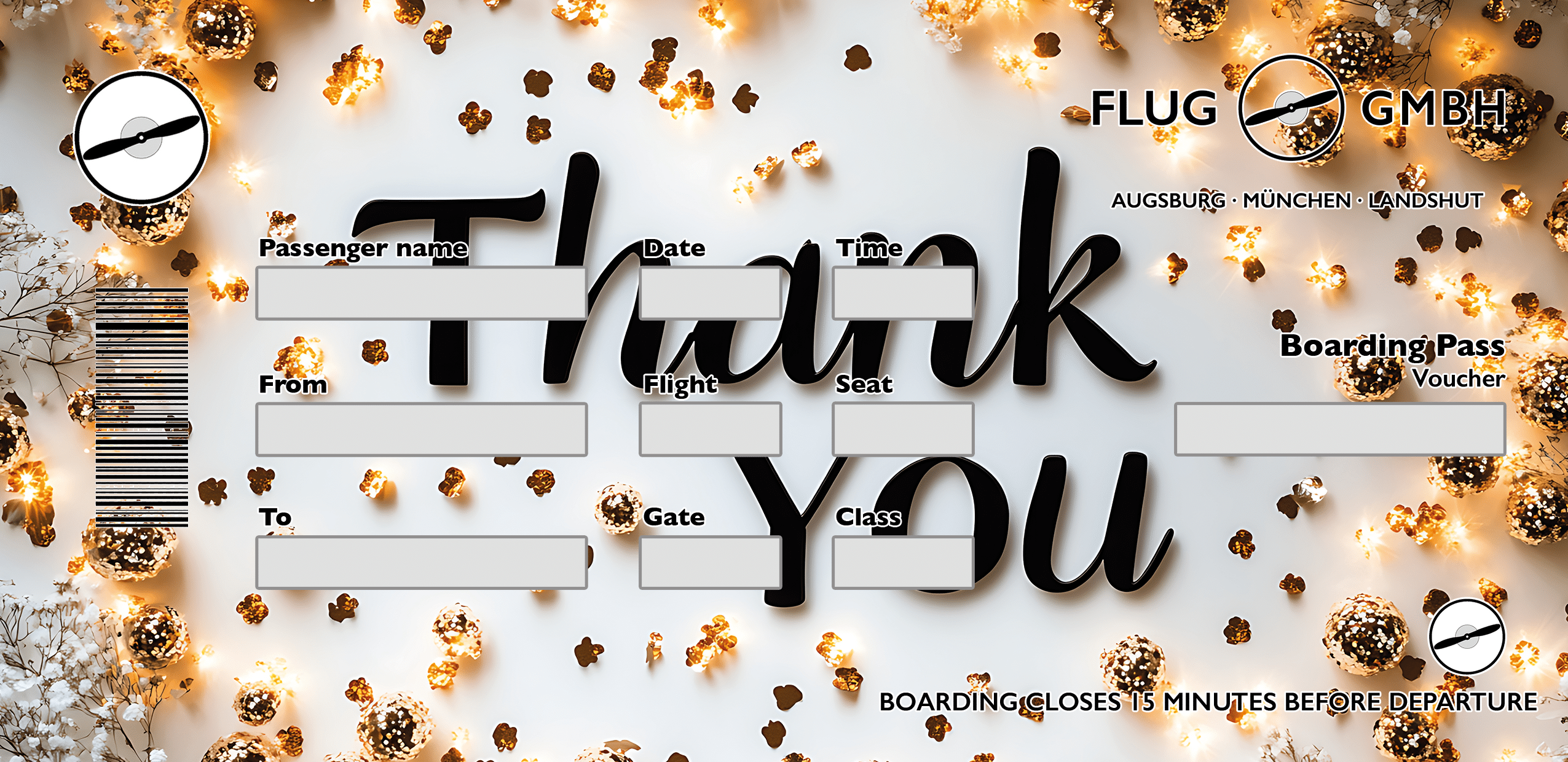Dankeschön Boarding-Pass Gutschein von Flug GmbH – weißes Design mit goldenen Konfetti-Akzenten und großem „Thank You“-Schriftzug.