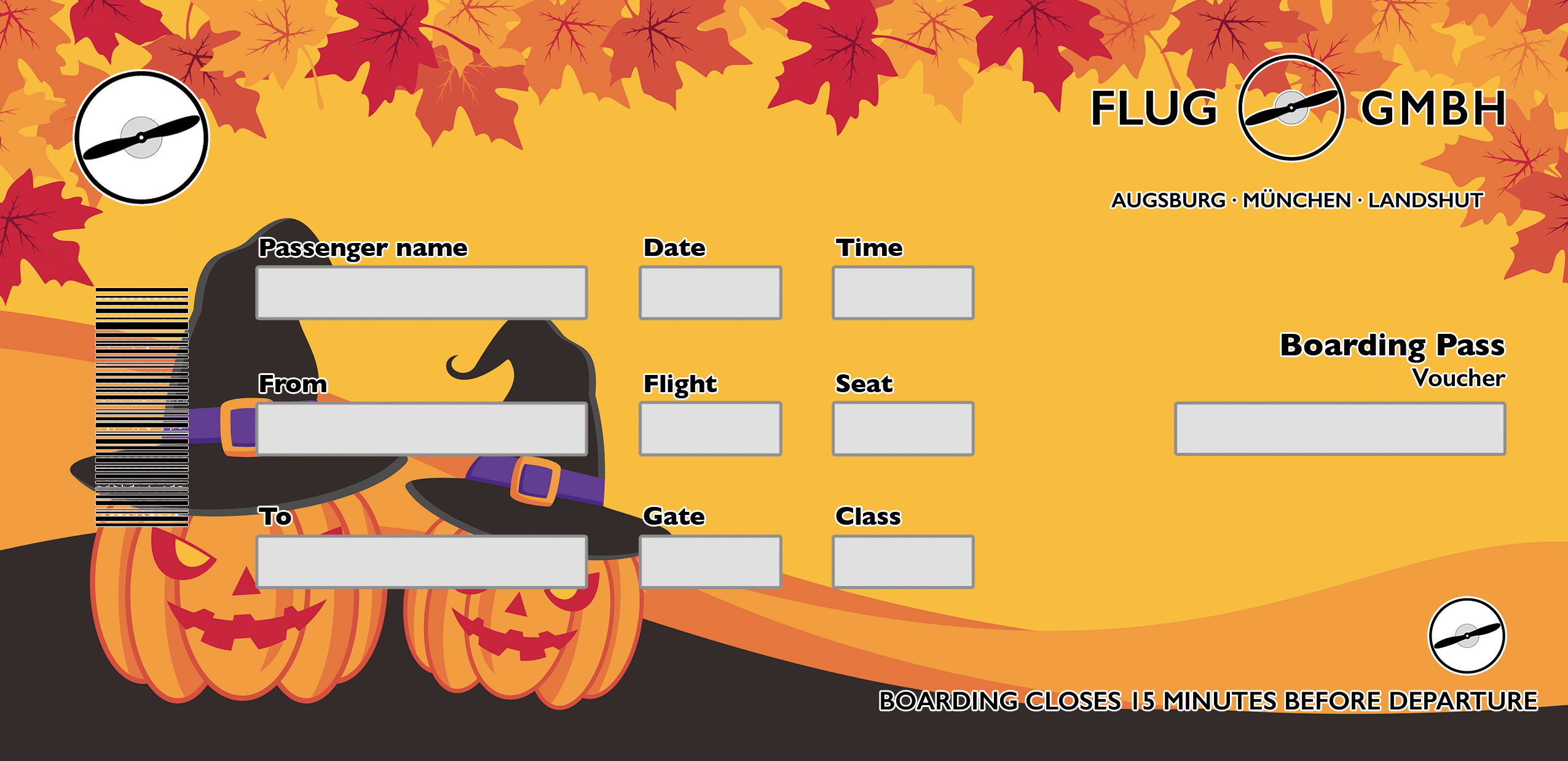 Boarding-Pass-Gutschein im freundlichen Halloween-Illustrationsstil mit Kürbissen, Hexenhüten und Herbstblättern – ideal als Gutschein für Familien.