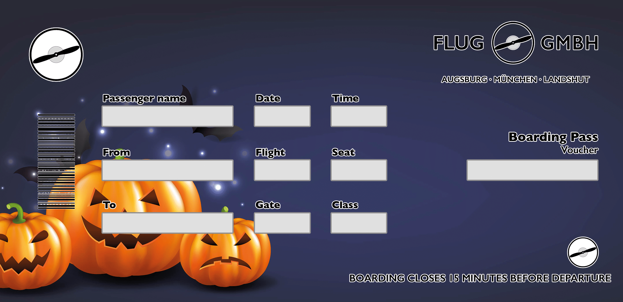 Boarding-Pass-Gutschein von Flug GmbH im Halloween-Nachtmotiv mit leuchtenden Kürbissen und Fledermäusen – ideal als Erlebnis- und Rundflug-Gutschein.