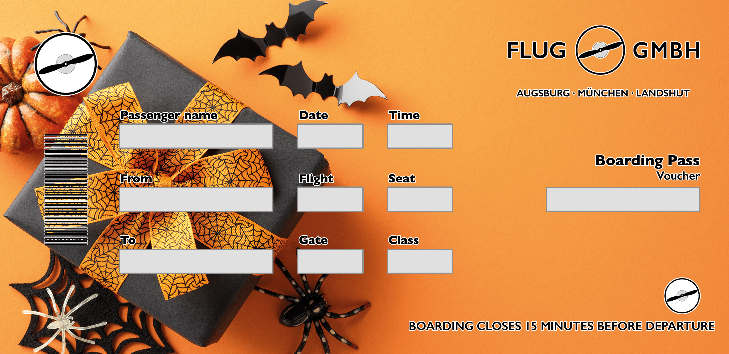 Boarding-Pass-Gutschein im Halloween-Look mit orangefarbenem Hintergrund, Geschenkbox mit Spinnennetz-Band, Fledermäusen und Spinne – Gutschein für ein Flug-Erlebnis.