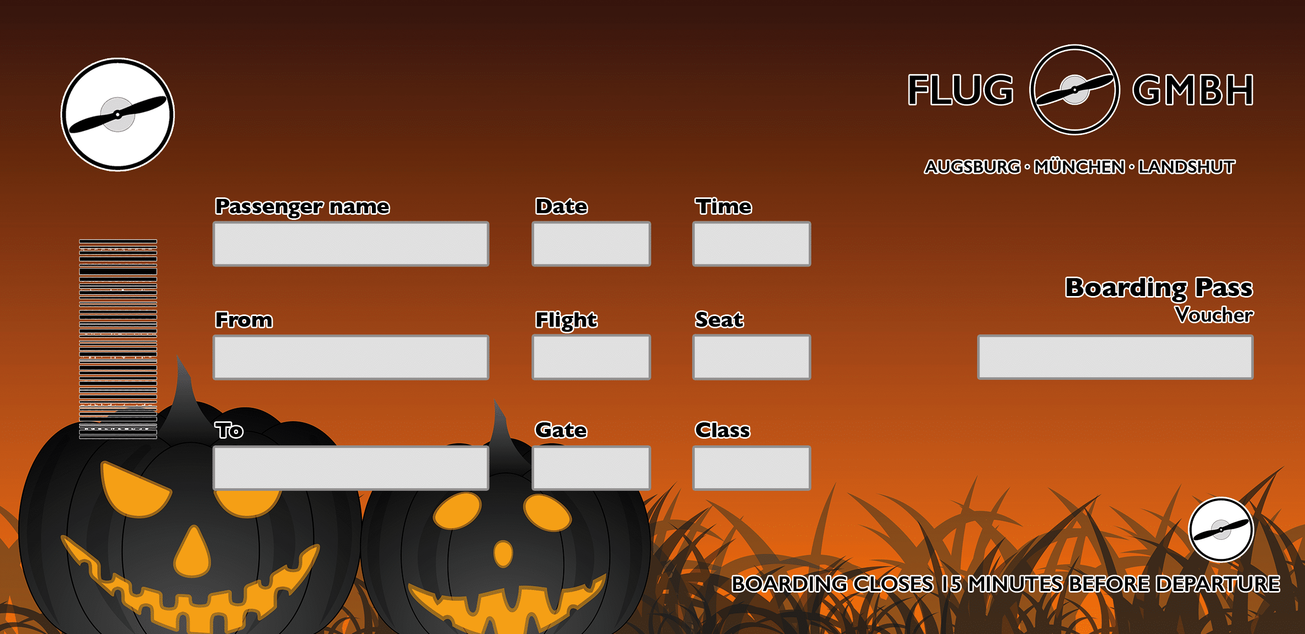 Boarding-Pass-Gutschein im Halloween-Design mit orangem Verlauf und schwarzen Kürbissen in der Silhouette – moderner Gutschein für ein Flug-Erlebnis.