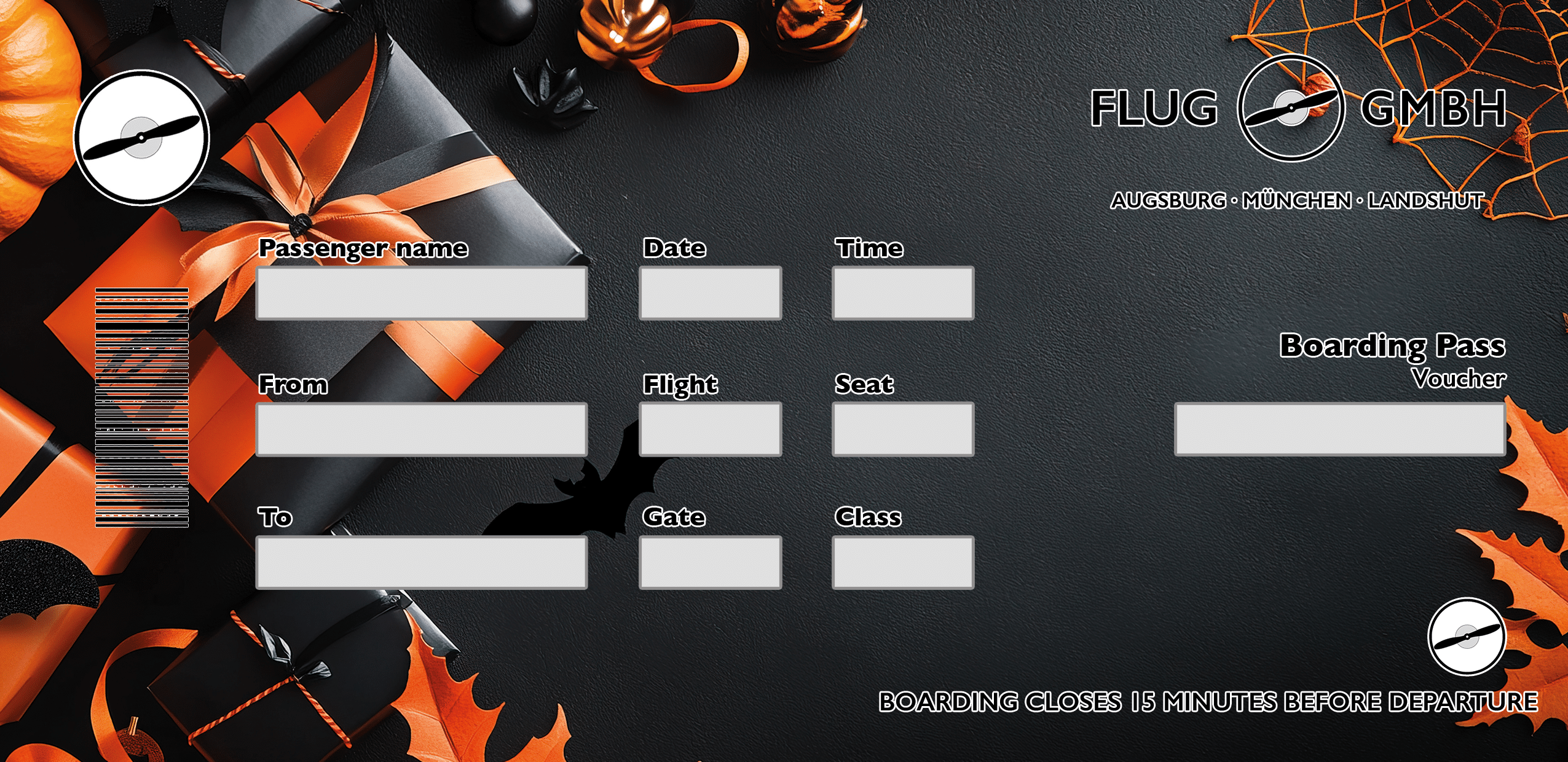 Boarding-Pass-Gutschein von Flug GmbH im Halloween-Design: schwarzes Geschenkpapier mit orangefarbener Schleife, Kürbis- und Spinnennetz-Details – ideal als Rundflug-Gutschein.