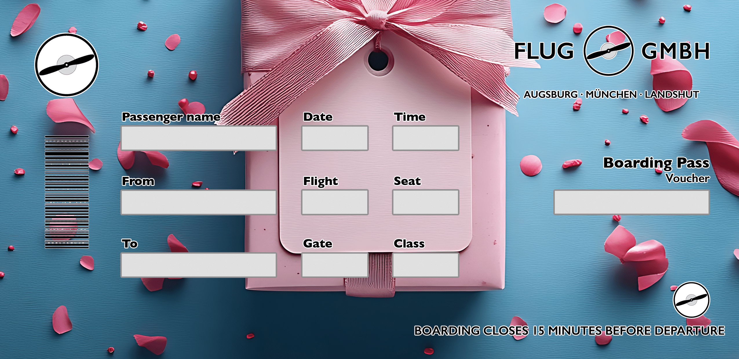 Heiratsantrag-Boarding-Pass-Gutschein mit Geschenkanhänger, Schleife und verstreuten Rosenblättern auf blauem Hintergrund