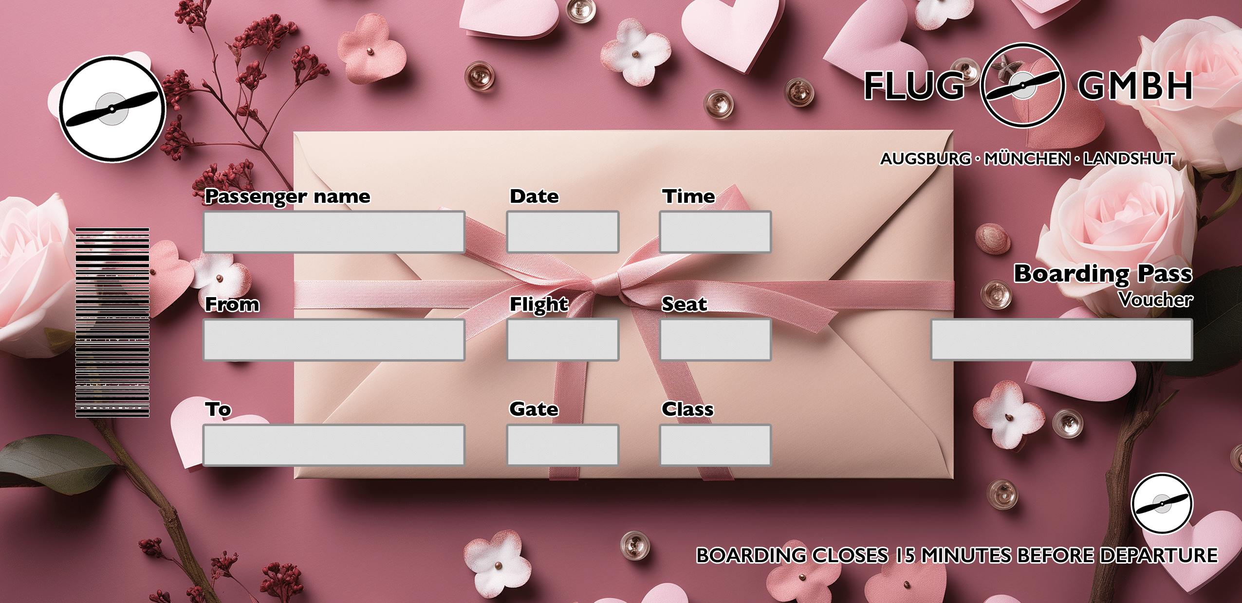 Heiratsantrag-Gutschein im Boarding-Pass-Design mit rosa Umschlag, Schleife, Herzen und Rosen im Hintergrund