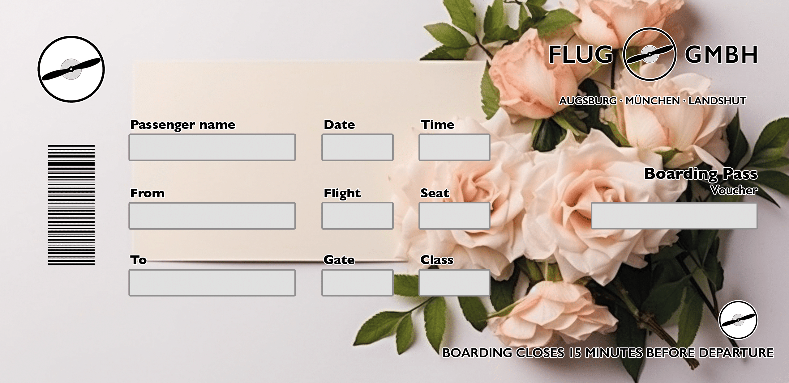 Boarding-Pass-Gutschein zur Hochzeit von Flug GmbH mit zarten cremefarbenen Rosen – romantisches Hochzeitsmotiv im Ticket-Look.