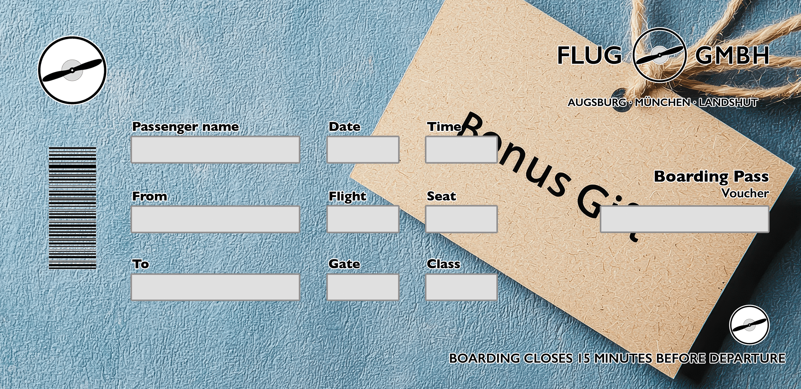 Boarding-Pass-Gutschein als Incentive auf blauem Hintergrund mit Geschenkanhänger „Bonus Gift“ und Kordel – clean & business.