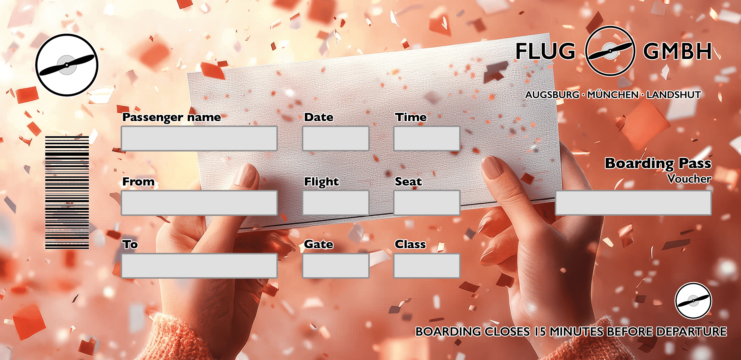 Incentive Boarding-Pass-Gutschein mit Konfetti: Hände überreichen einen Umschlag – perfekte Prämie für Team, Vertrieb oder Kunden.
