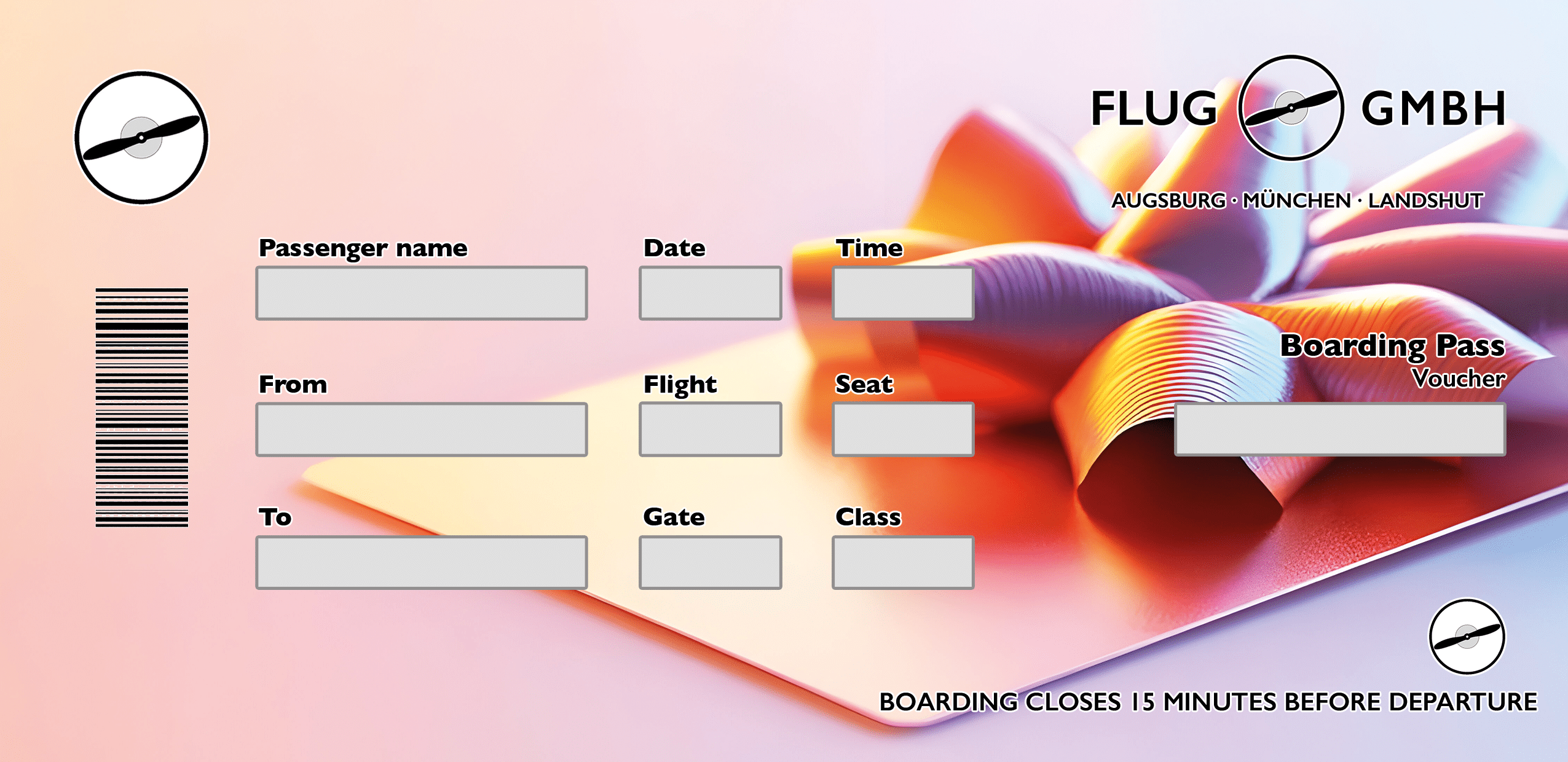 Boarding-Pass-Gutschein als Incentive (Prämie) im Pastell-Farbverlauf mit bunter 3D-Schleife – Flug GmbH.