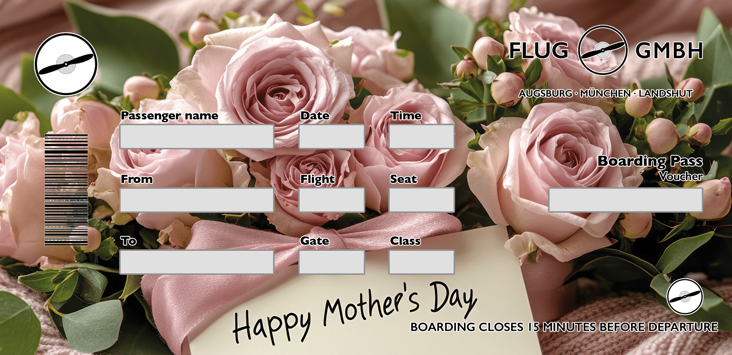Boarding-Pass-Gutschein zum Muttertag mit rosafarbenen Rosen, rosa Schleife und „Happy Mother’s Day“-Karte – Flug GmbH.