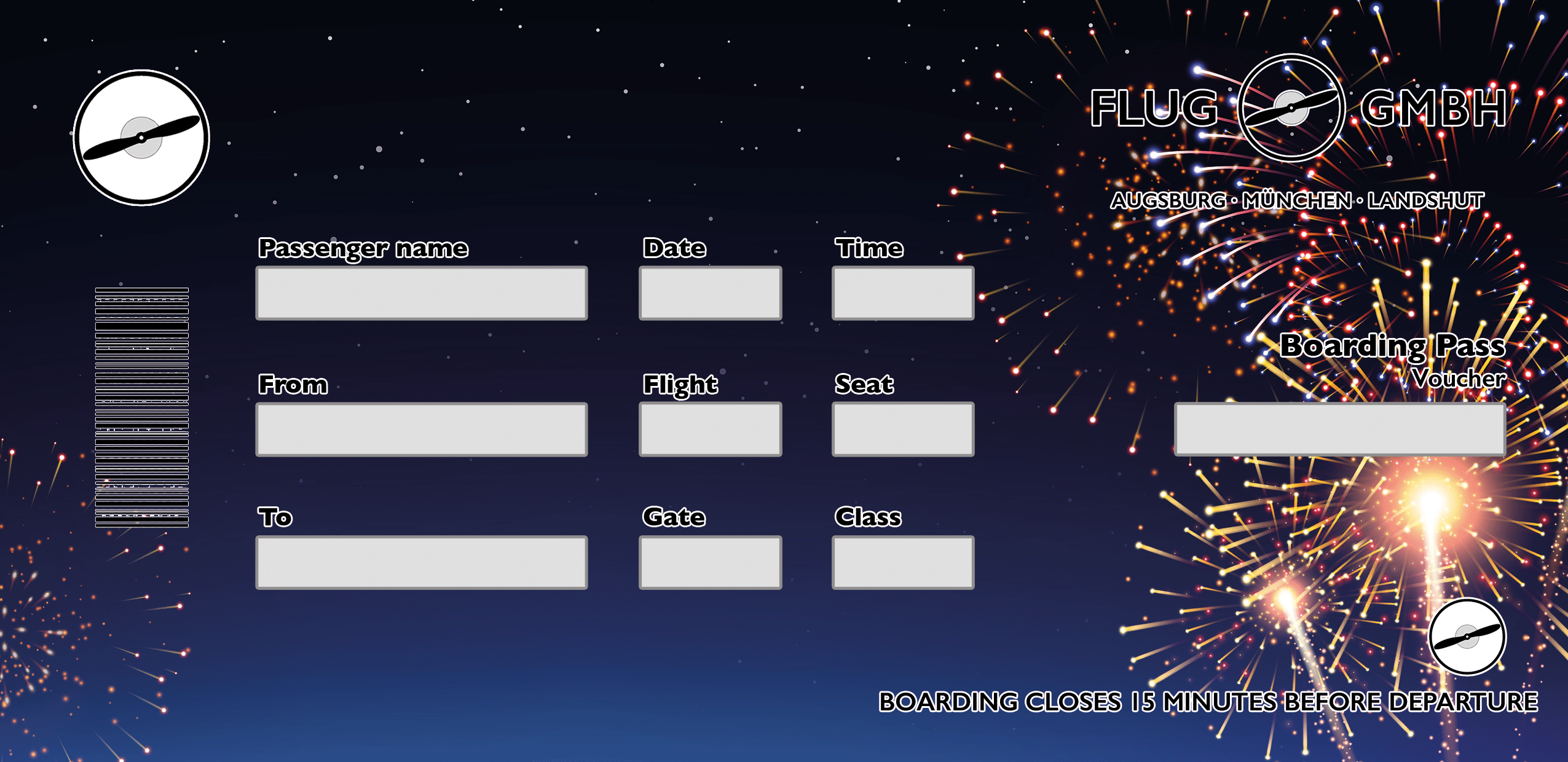 Boarding-Pass-Gutschein Neujahr: dunkler Nachthimmel mit Feuerwerk in Blau und Gold – festlicher Look für Silvester.