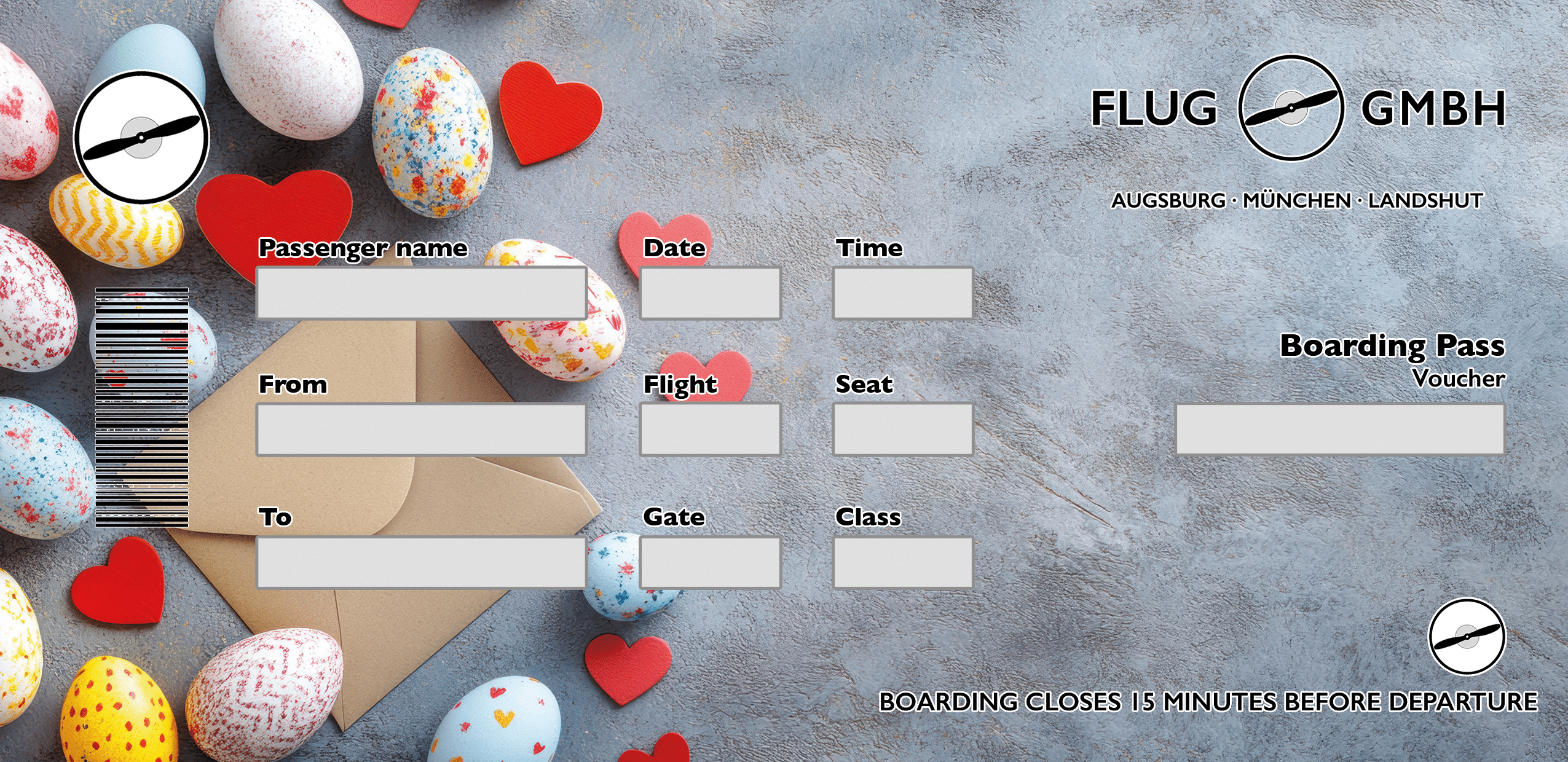 Oster-Fluggutschein im Boarding-Pass-Look mit bunten Ostereiern, roten Herzen und Briefumschlag auf grauem Hintergrund