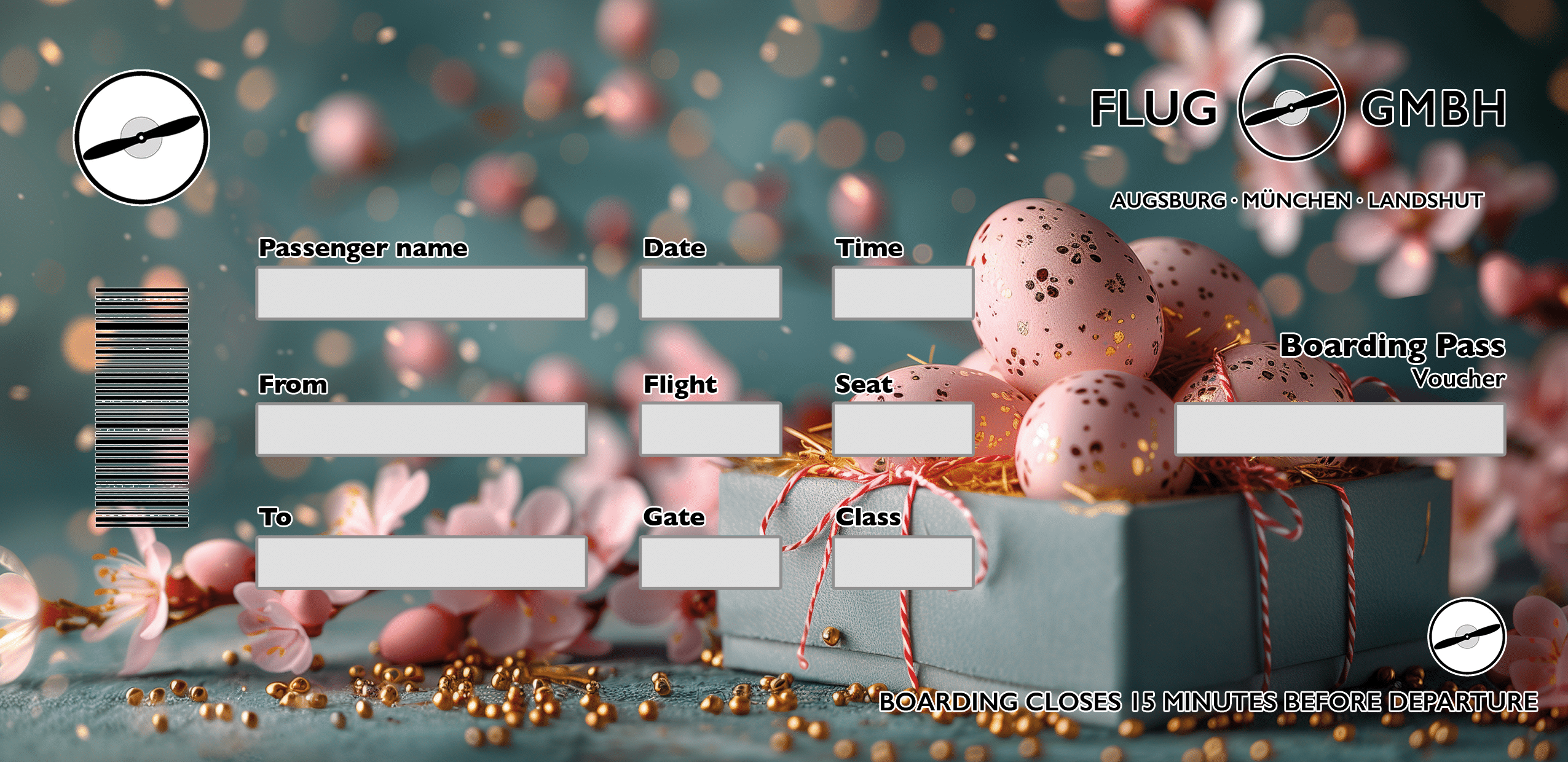 Oster-Fluggutschein im Boarding-Pass-Design mit Geschenkbox, gesprenkelten Eiern, Frühlingsblüten und goldenen Deko-Perlen