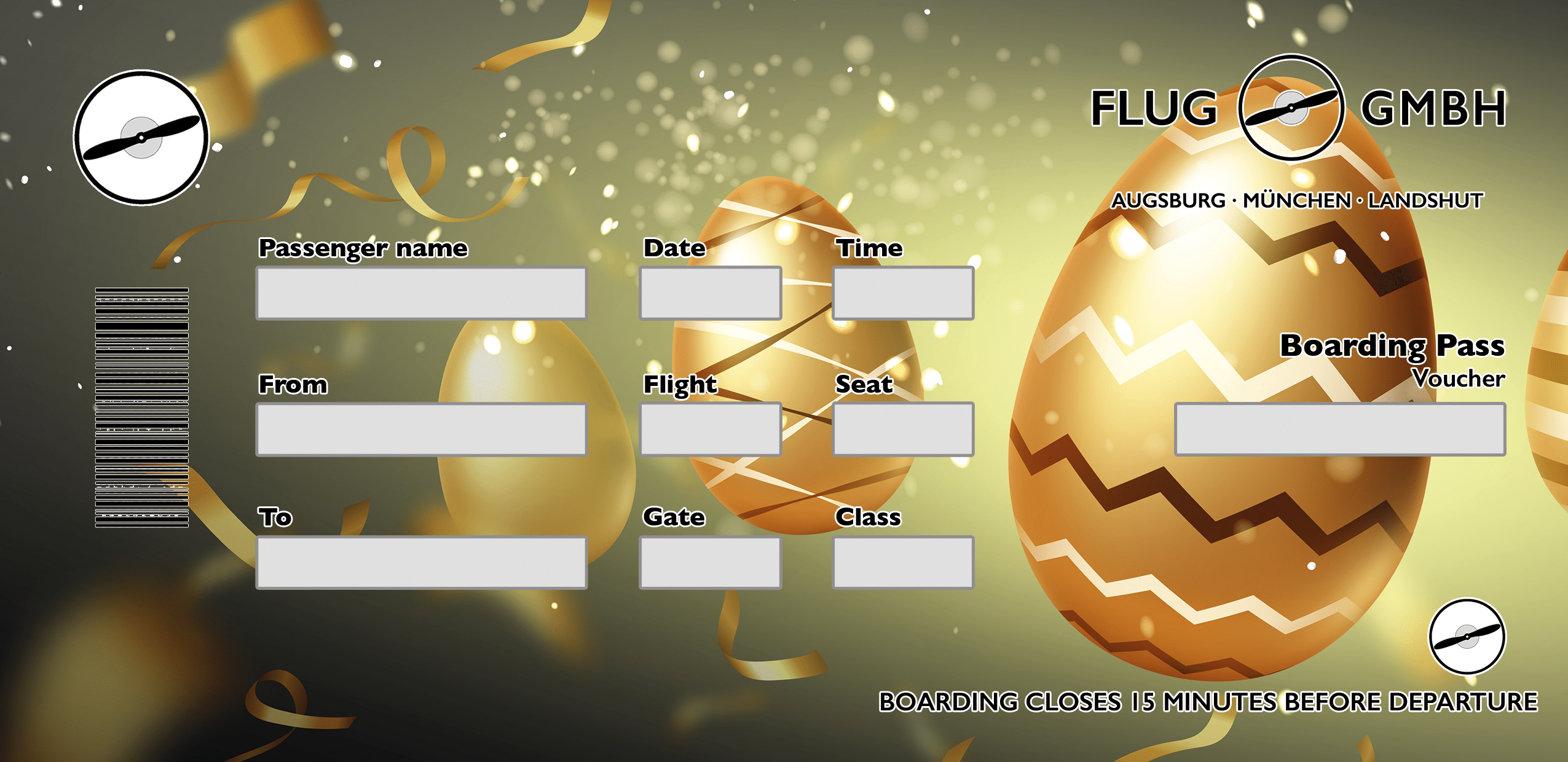 Premium Oster-Boarding-Pass-Gutschein mit goldenen Ostereiern, Konfetti und warmem Bokeh-Licht
