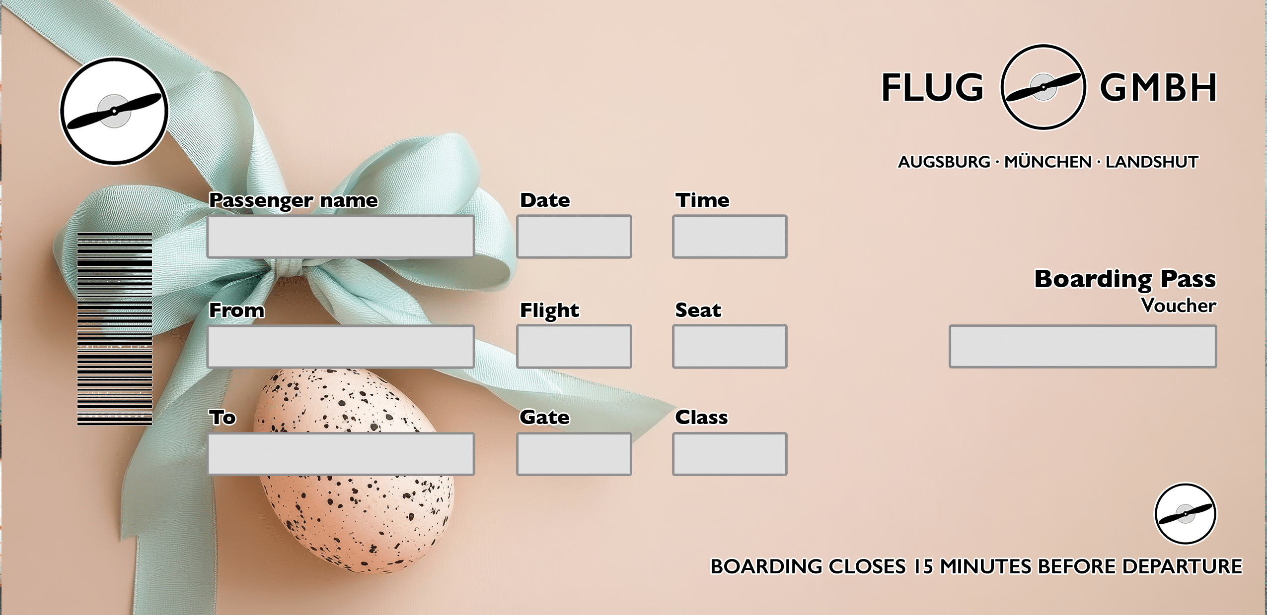 Oster-Gutschein im Boarding-Pass-Design mit mintfarbener Schleife und gesprenkeltem Osterei auf pastelligem Hintergrund