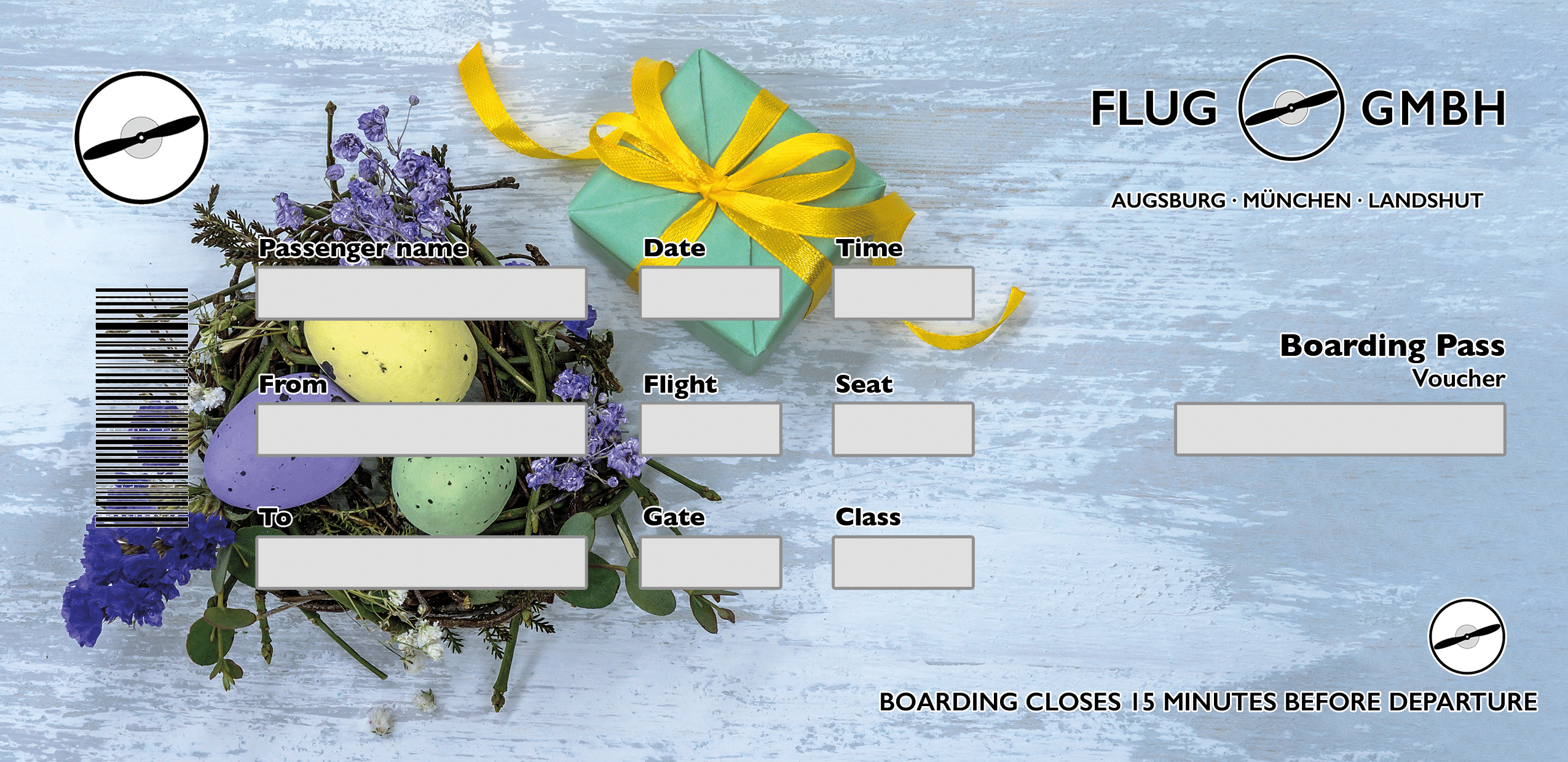 Oster-Gutschein der Flug GmbH im Boarding-Pass-Design mit Osternest, bunten Eiern und Geschenkbox mit gelber Schleife