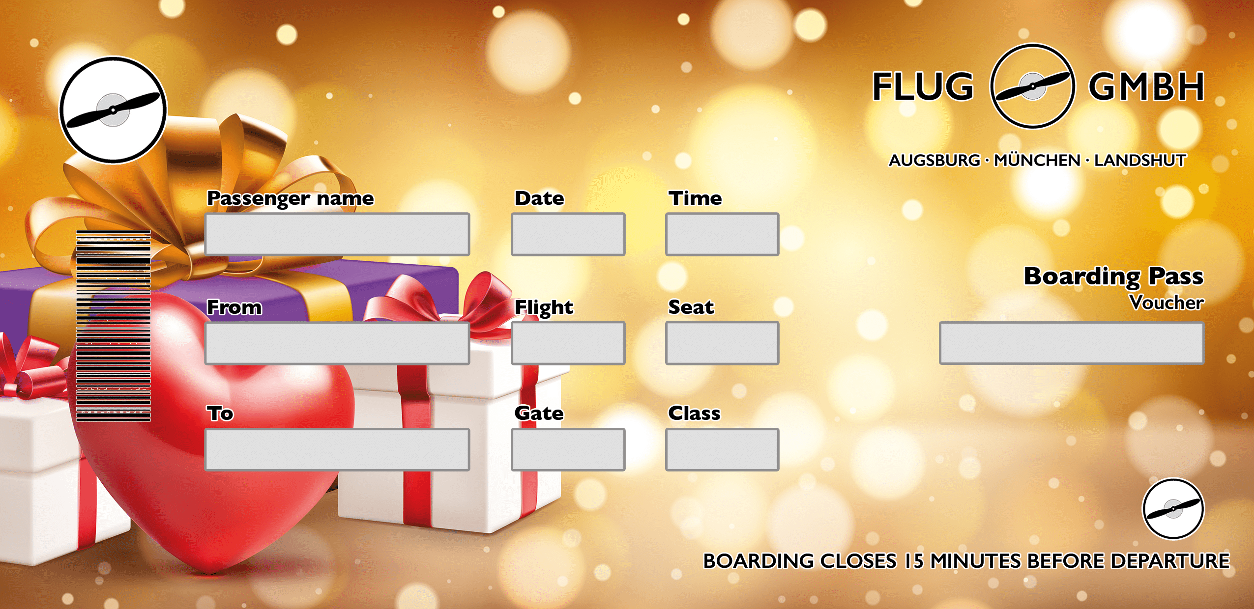 Boarding-Pass-Gutschein zum Valentinstag mit Herz und Geschenkpaketen vor warmem, goldenem Bokeh-Hintergrund.