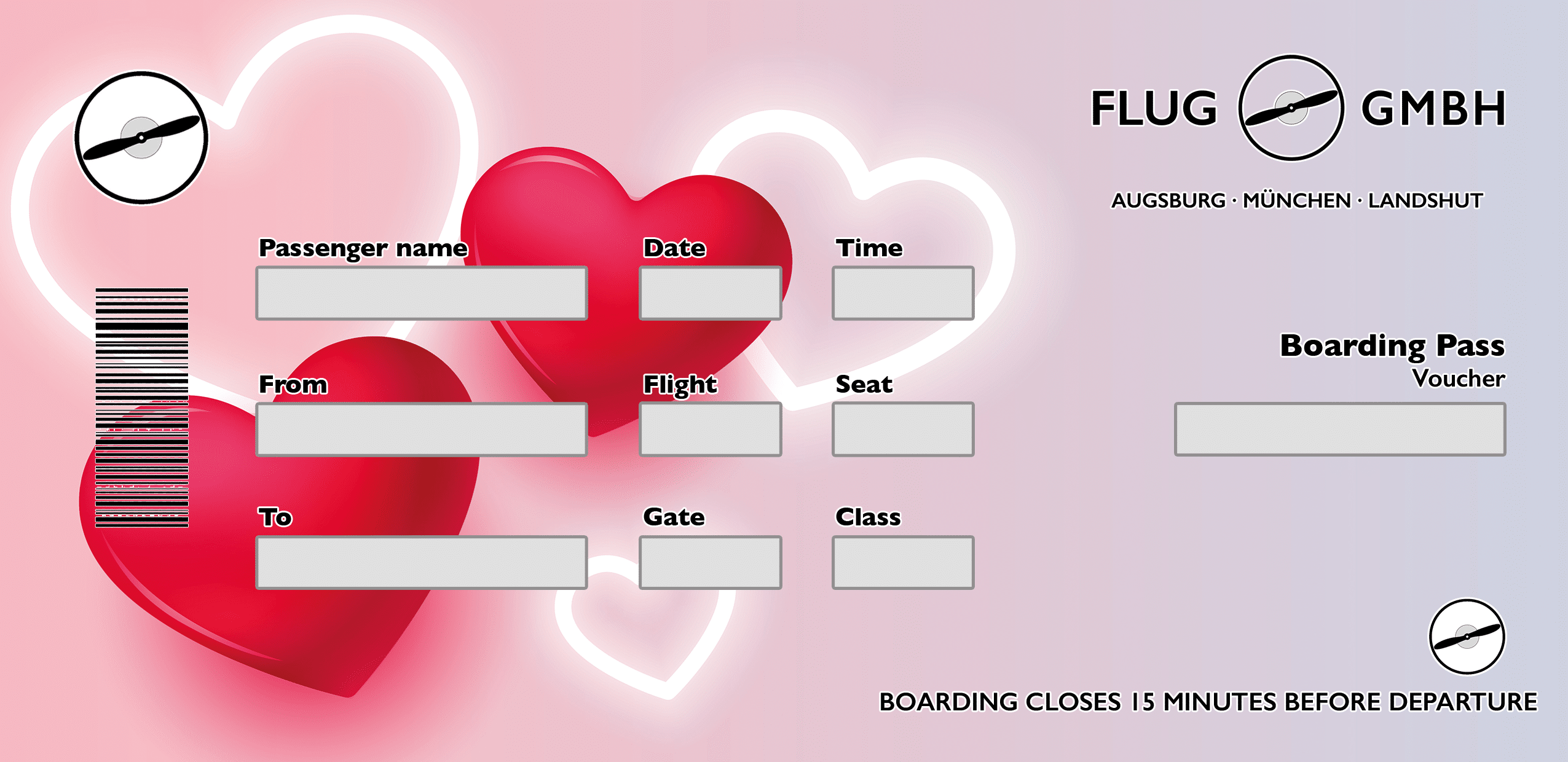 Romantischer Boarding-Pass-Gutschein zum Valentinstag mit großen roten Herzen und leuchtenden Herzkonturen auf rosa Verlauf.
