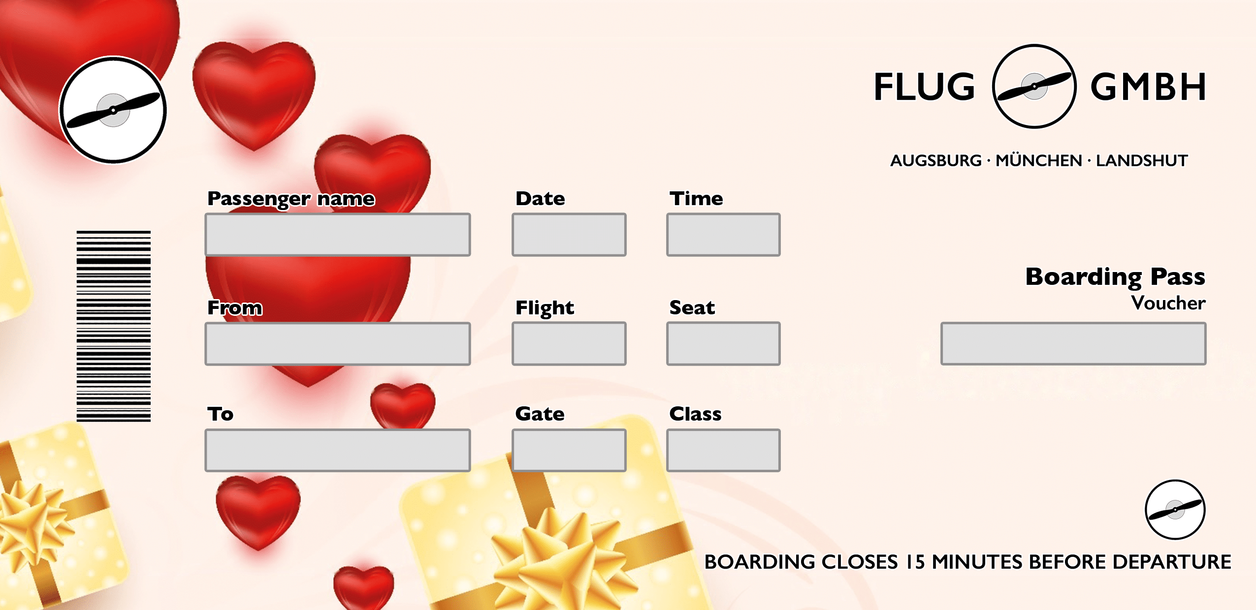 Boarding-Pass-Gutschein zum Valentinstag mit roten Herzen und Geschenkboxen mit goldener Schleife auf hellem Pastell-Hintergrund.