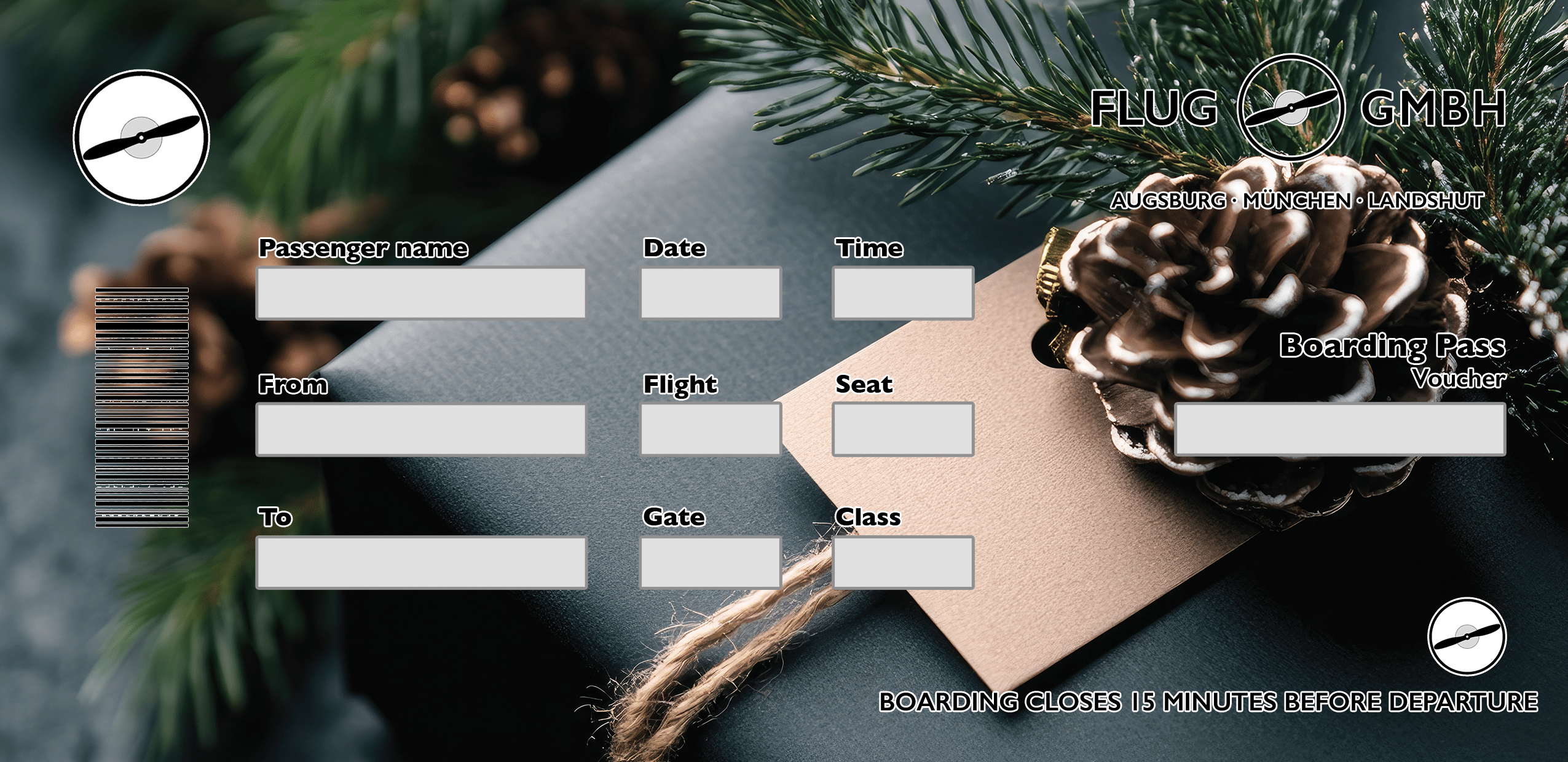 Weihnachts-Boarding-Pass-Gutschein der Flug GmbH mit Tannenzweig, Zapfen und Geschenkanhänger – natürlicher Premium-Look
