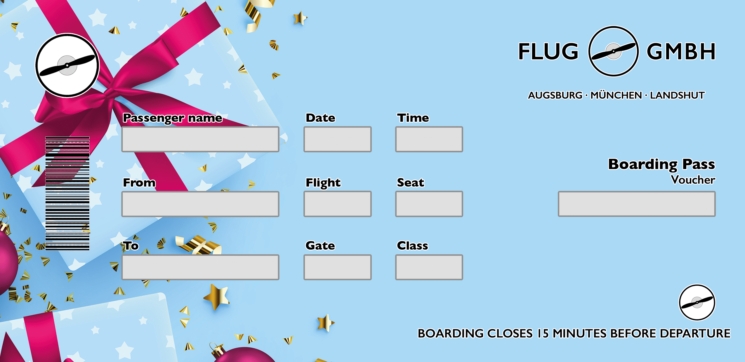 Moderner Weihnachtsgutschein im Boarding-Pass-Design mit winterblauem Hintergrund, Geschenkpapier und Schleife in Pink