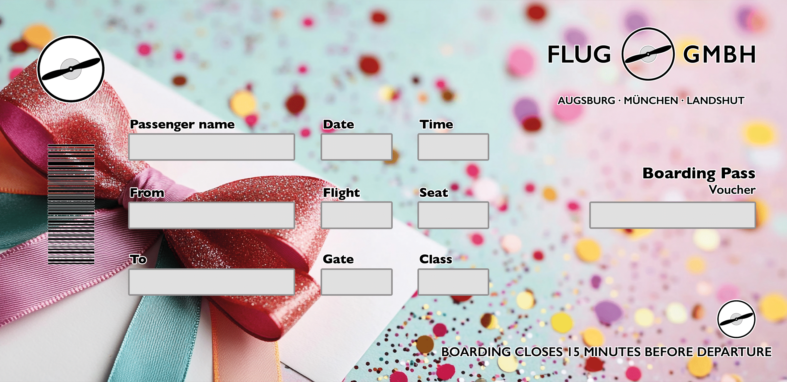 Flug GmbH Geburtstags-Gutschein mit glitzernder Schleife, Konfetti-Hintergrund und Boarding-Pass-Layout