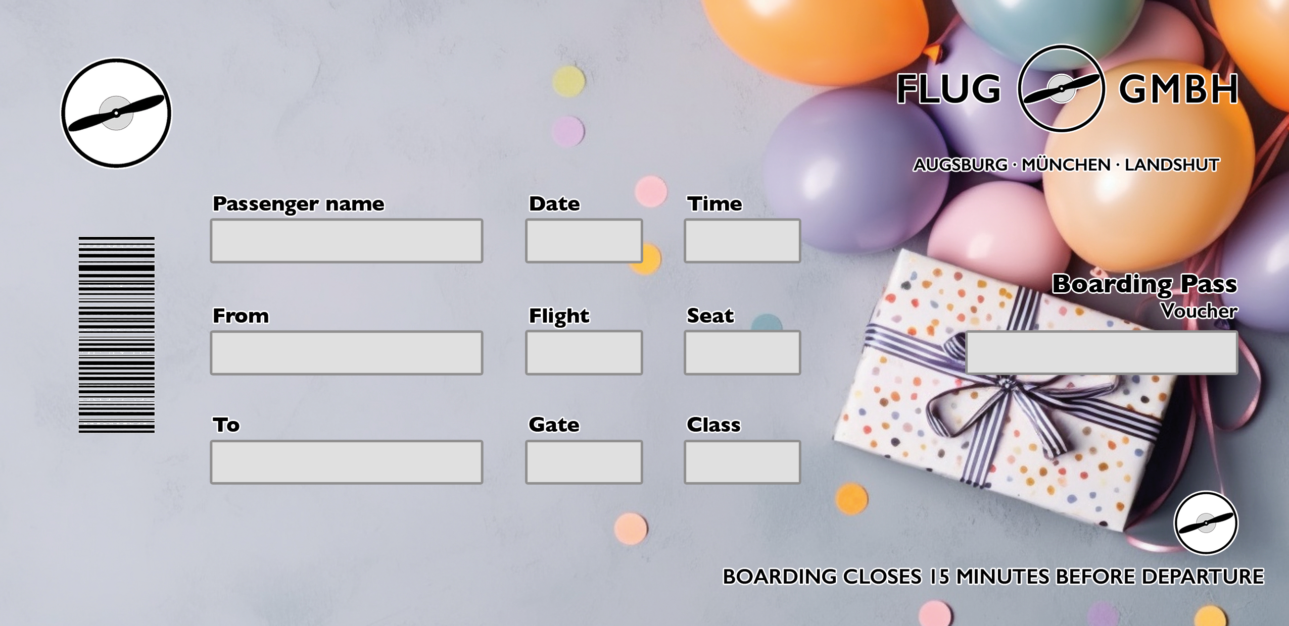 Geburtstags-Fluggutschein mit pastellfarbenen Ballons und Geschenkbox im Boarding-Pass-Design