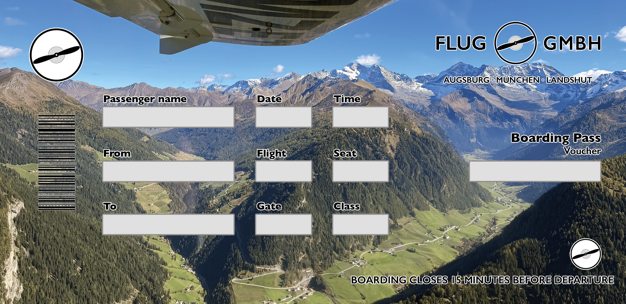 Gutschein-Vorlage „Aviation“ mit Alpenpanorama aus dem Flugzeug, Tragfläche im Bild, Boarding-Pass-Felder.