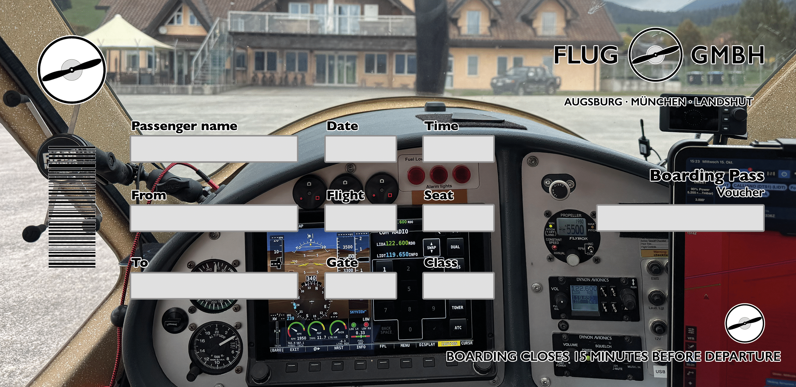 Gutschein-Vorlage „Aviation“ mit Cockpit-Detail, Avionik/Instrumenten und Boarding-Pass-Feldern zum Personalisieren.