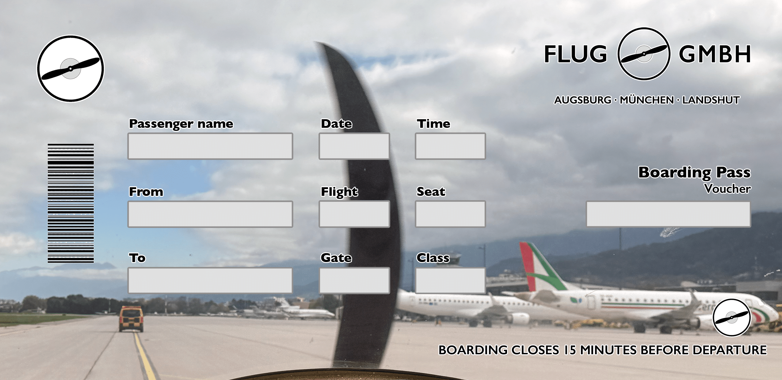 Gutschein-Vorlage „Aviation“ mit Blick aus dem Cockpit aufs Vorfeld und einen Airliner, inkl. Boarding-Pass-Felder