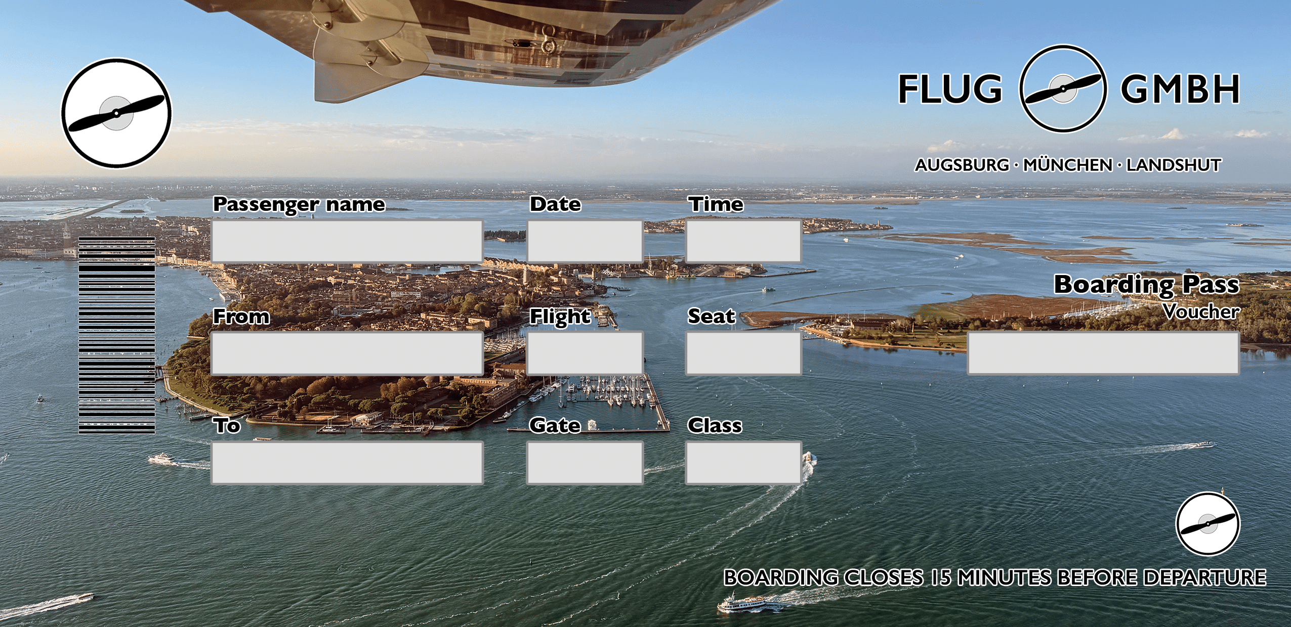 Gutschein-Vorlage „Aviation“ mit Küsten- und Meerpanorama aus dem Flugzeug, Tragfläche sichtbar, personalisierbare Felder.