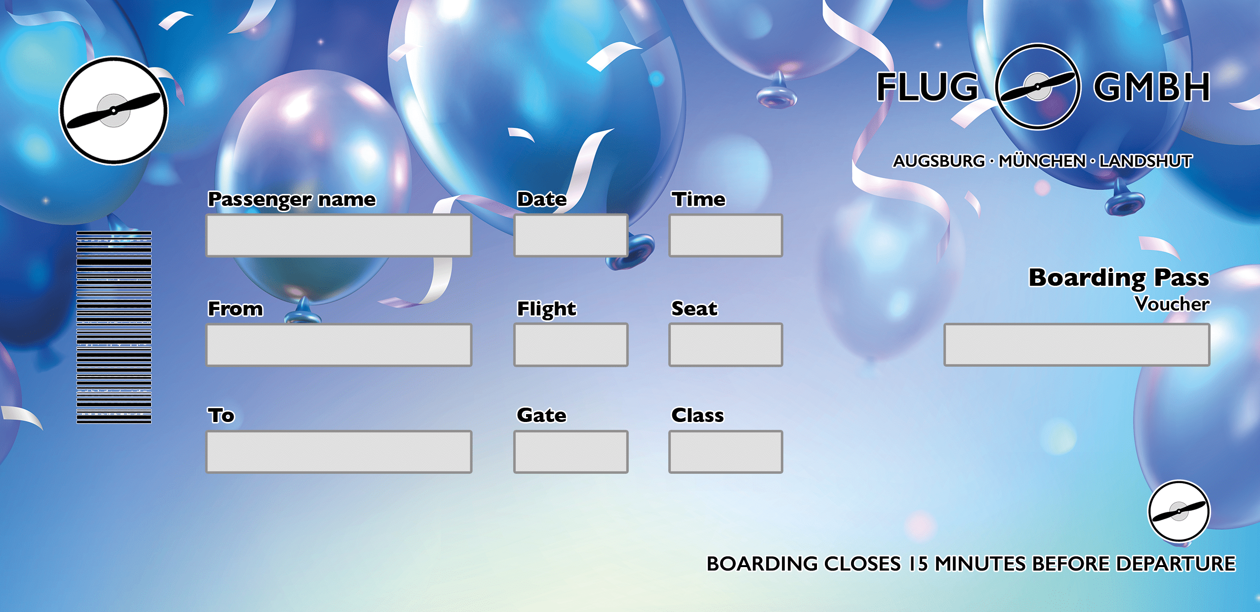 Rundflug-Gutschein im Boarding-Pass-Design für Jahrestag – blaue Ballons und Konfetti, festliche Celebration-Optik