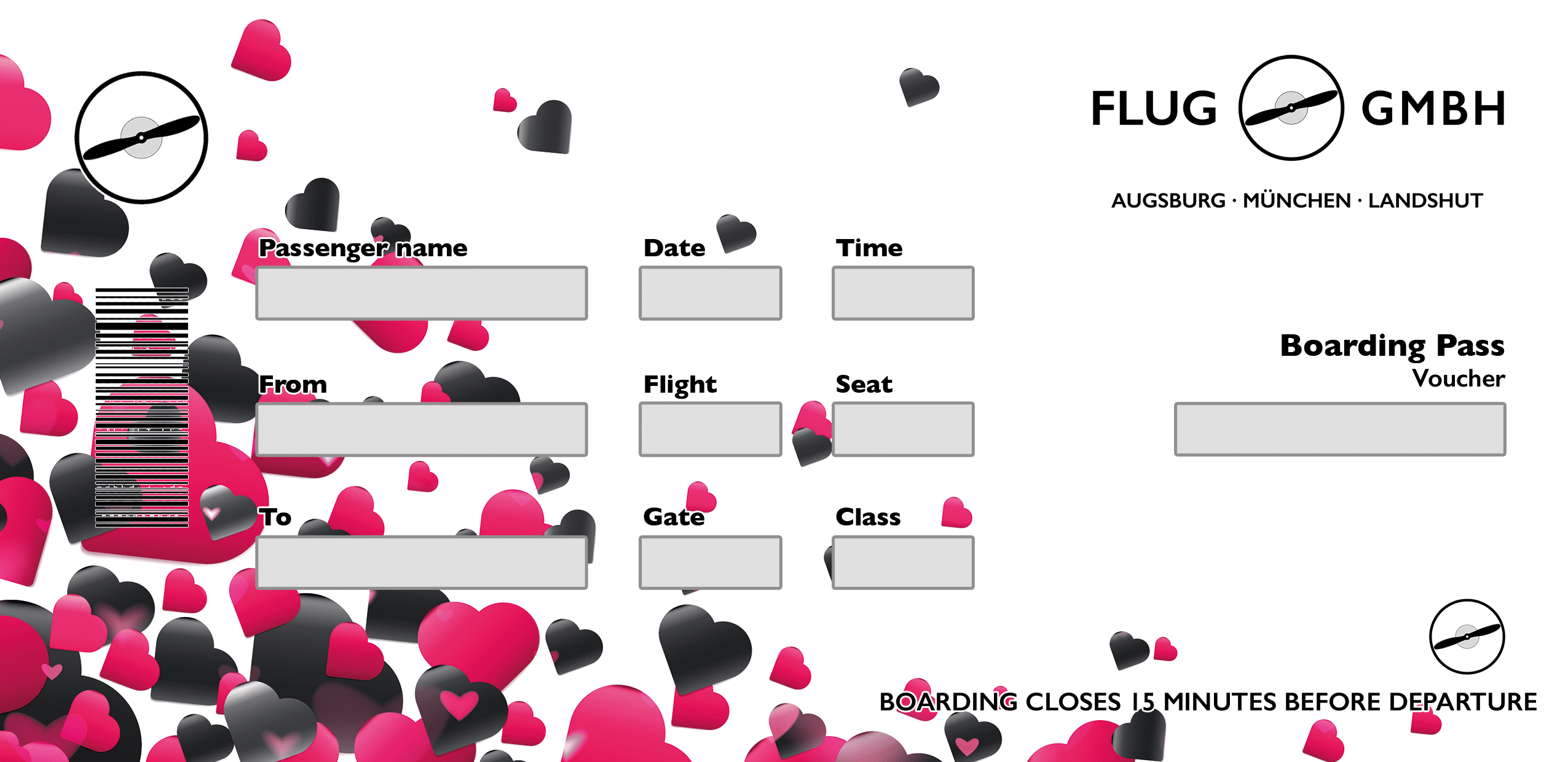 Rundflug-Gutschein im Boarding-Pass-Design für Jahrestag – weißes, minimalistisches Layout mit pink-schwarzem Herz-Konfetti