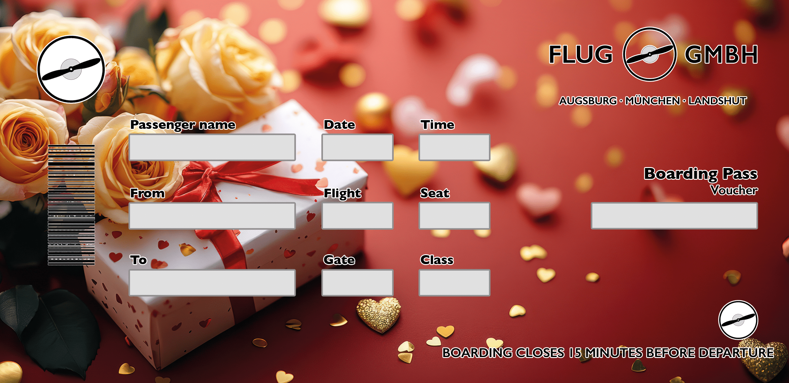 Rundflug-Gutschein Premium Black & Gold Bow – edel, luxuriös, starke Kontraste, „Abendgarderobe“-Feeling Roses & Gift Box (Gold Hearts) – romantisch, warm, fotorealistisch, klassisches Geschenk-Setting Clean Hearts (Minimal) – sehr modern, viel Weißraum, klar & hochwertig, ideal für schlichte Ästhetik Blue Celebration (Balloons) – festlich, fröhlich, Party-Vibes, leicht und „happy“ Roses & Gift Päckchen (Rustikal) – natürlich, cozy, handgemacht/Boho-Anmutung, liebevoll & soft