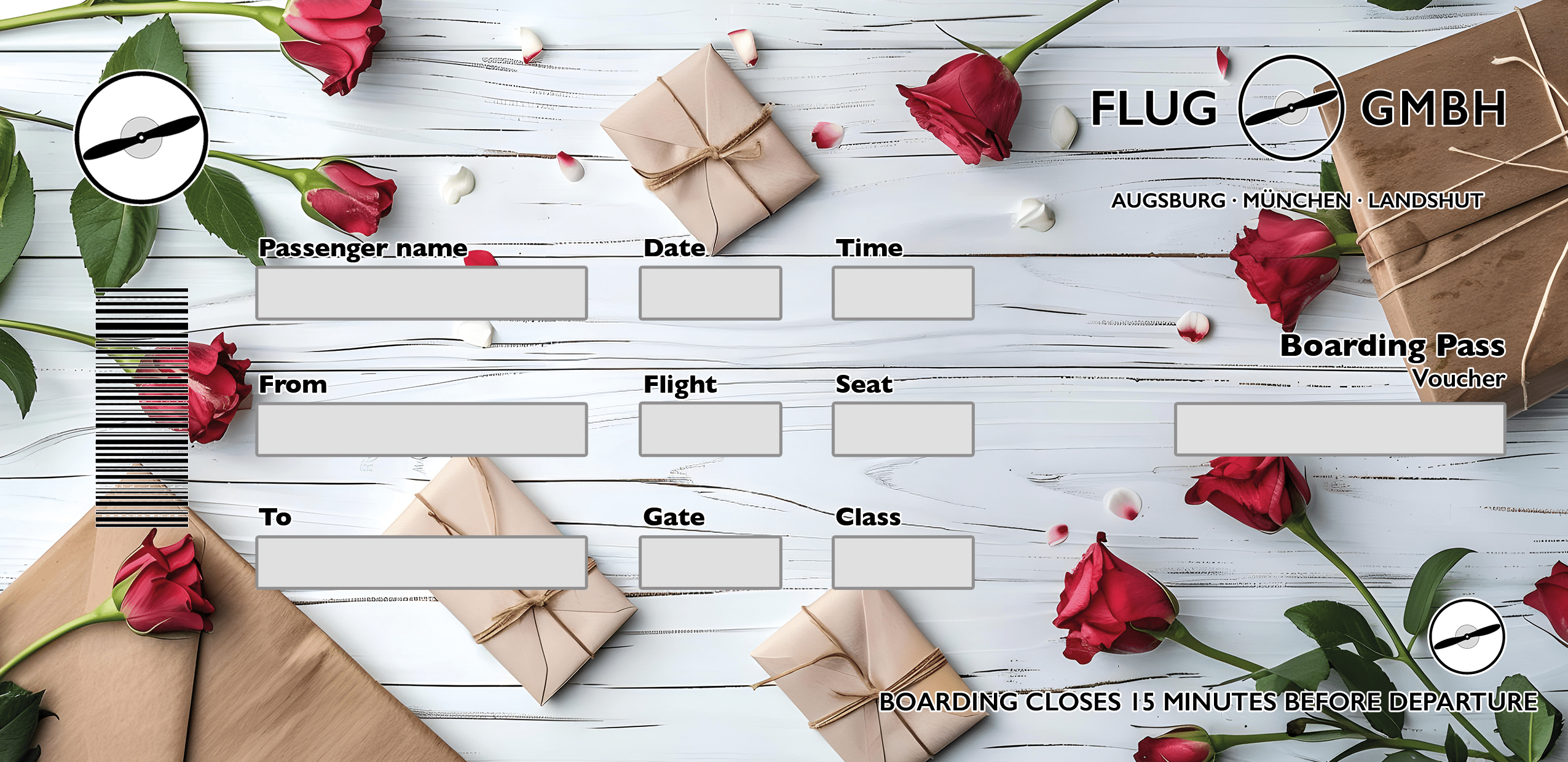 Rundflug-Gutschein im Boarding-Pass-Design für Jahrestag – Rosen und Geschenkbox auf rotem Hintergrund mit goldenen Herzen