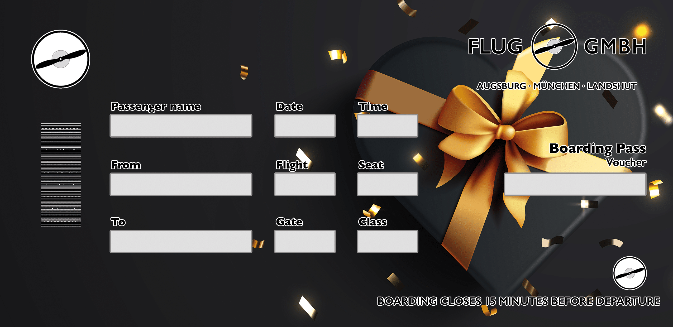 Rundflug-Gutschein im Boarding-Pass-Design für Jahrestag – schwarzer Hintergrund mit goldener Schleife und goldenem Konfetti